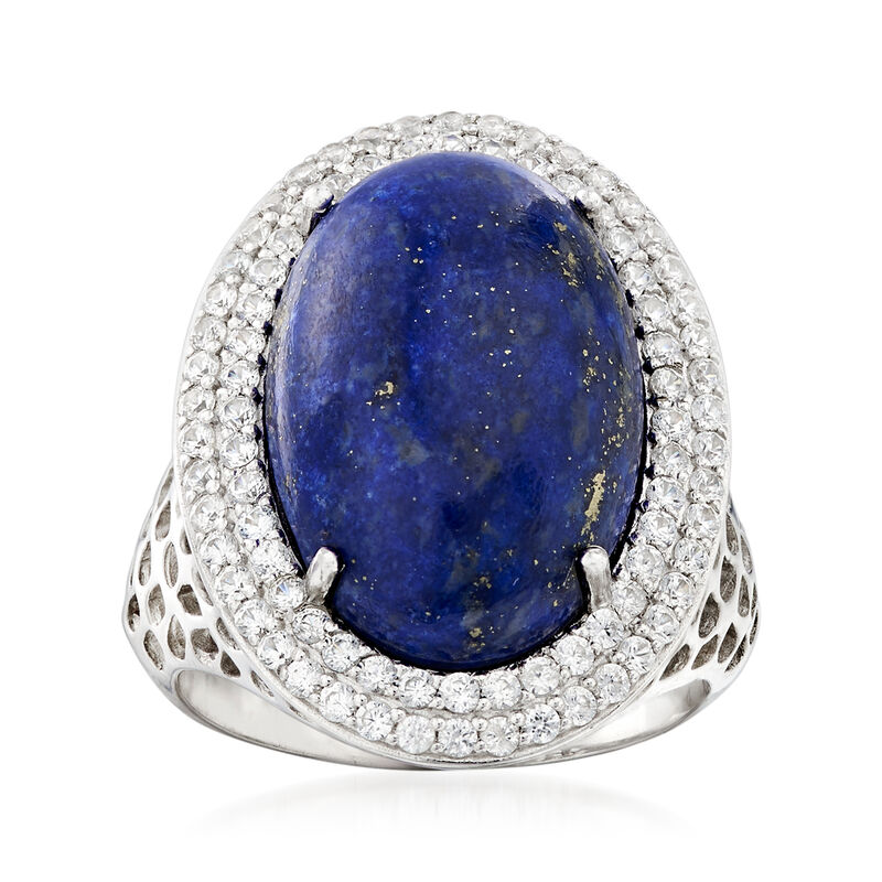 Lapis and 1.20 ct. t.w. White Zircon Halo Ring in Sterling Silver image number 0