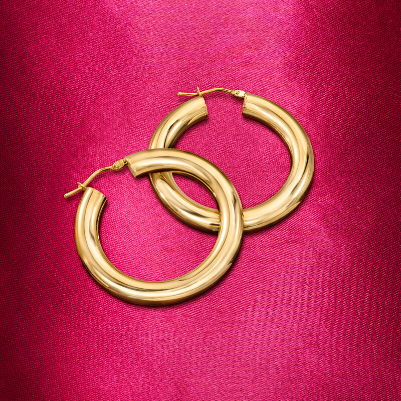 Italian 3mm 18kt Yellow Gold Hoop Earrings. 1 1/8&quot; image number 2