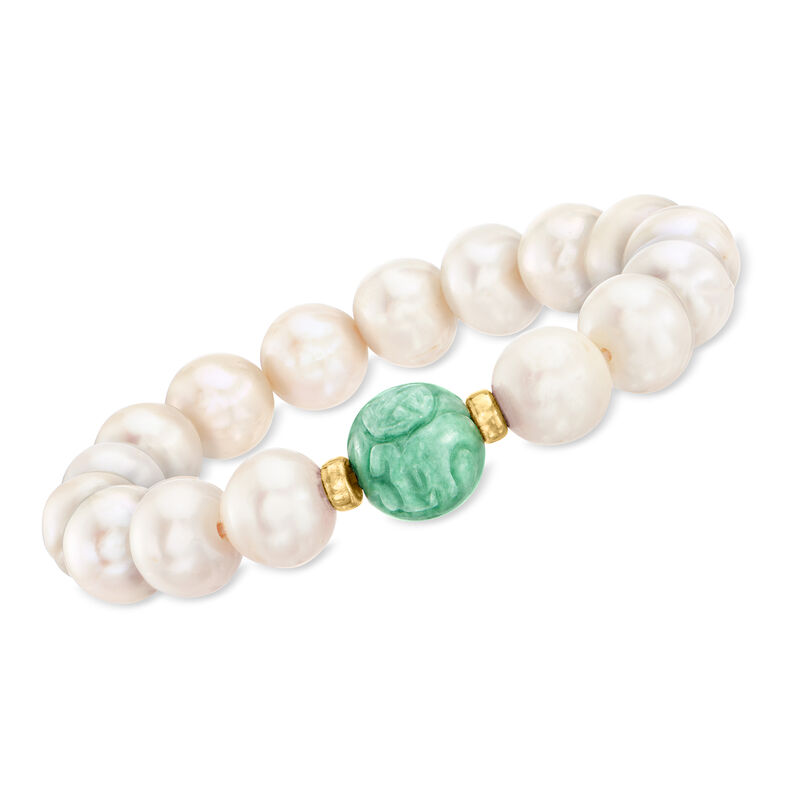 12-13mm Cultured Pearl and Carved Jade &quot;Dragon&quot; Bead Stretch Bracelet with 14kt Yellow Gold. 7&quot; image number 0