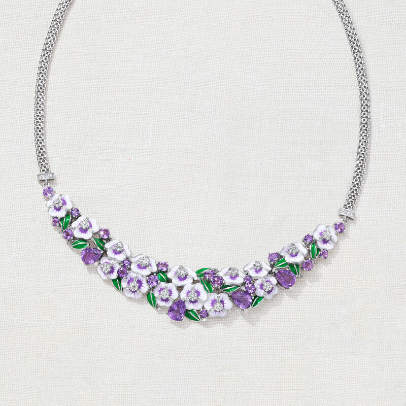 7.80 ct. t.w. Amethyst and .90 ct. t.w. White Topaz Floral Bib Necklace with Multicolored Enamel in Sterling Silver image number 2