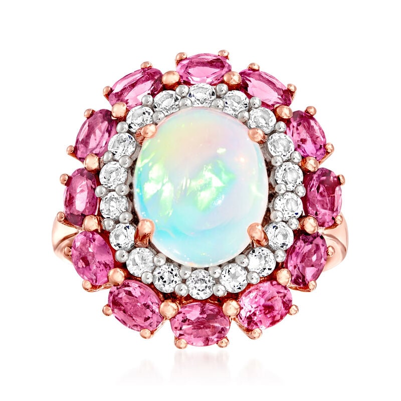 Ethiopian Opal, 1.50 ct. t.w. Pink Tourmaline and .60 ct. t.w. White Topaz Ring in 18kt Rose Gold Over Sterling image number 0