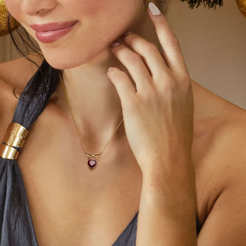 4.80 Carat Bezel-Set Ruby Heart and Bow Necklace in 18kt Gold Over Sterling. 18&quot; image number 0