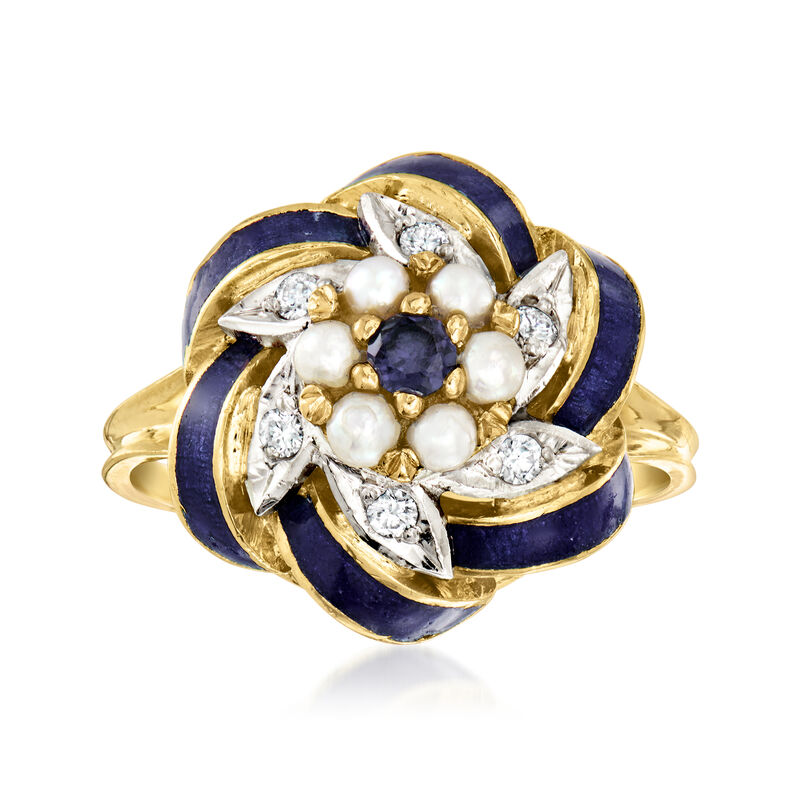 C. 1950 Vintage 2.5mm Cultured Pearl and .15 Carat Sapphire Swirl Ring with Diamonds and Blue Enamel in 18kt Yellow Gold. Size 7 image number 0