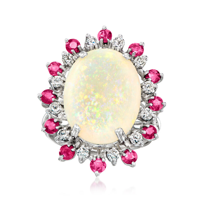 C. 1970 Vintage Opal, 1.20 ct. t.w. Ruby and   30 ct. t.w. Diamond Cocktail Ring in 14kt White Gold. Size 6.5 image number 0