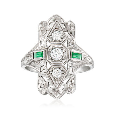 C. 1980 Vintage .25 ct. t.w. Diamond Filigree Ring with Synthetic Emeralds in 18kt White Gold