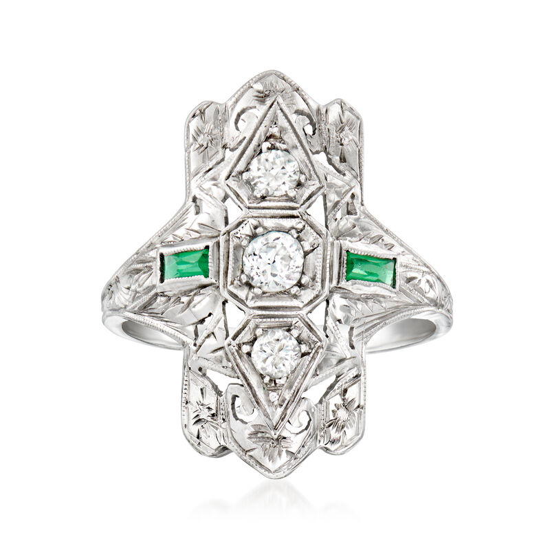 C. 1980 Vintage .25 ct. t.w. Diamond Filigree Ring with Synthetic Emeralds in 18kt White Gold. Size 5.75 image number 0