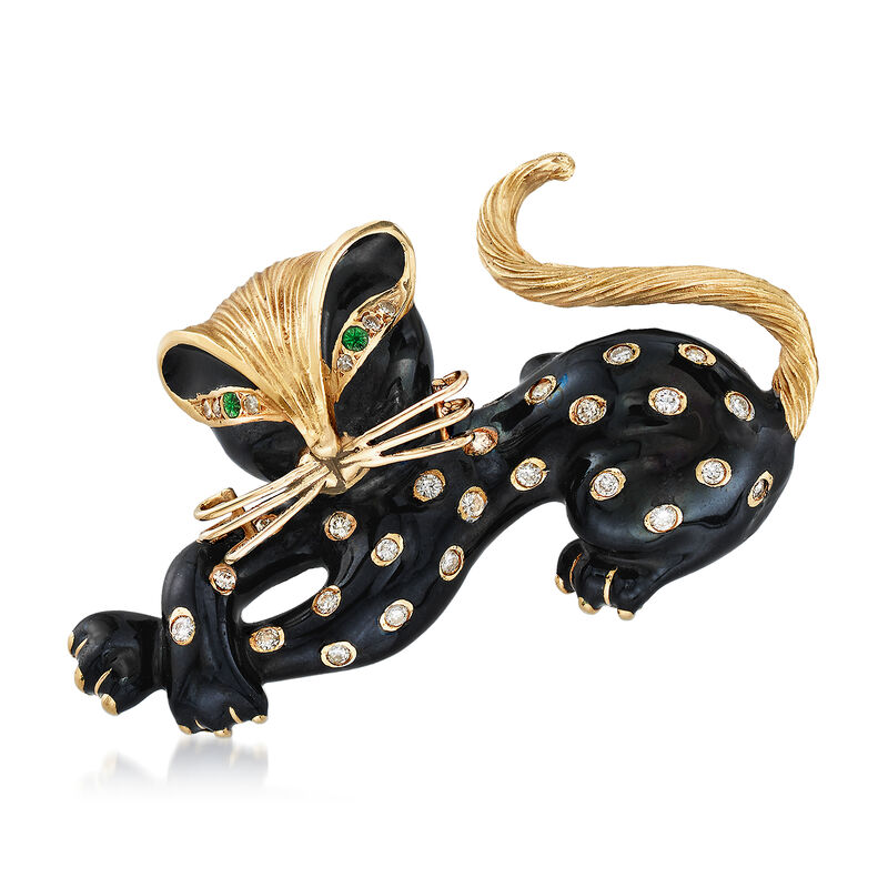 C. 1970 Vintage Hammerman Brothers 1.00 ct. t.w. Diamond and Black Enamel Cat Pin in 18kt Yellow Gold image number 0