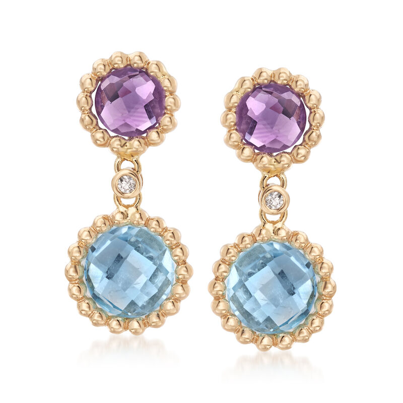 4.10 ct. t.w. Blue Topaz and 1.40 ct. t.w. Amethyst Drop Earrings in 14kt Yellow Gold image number 0