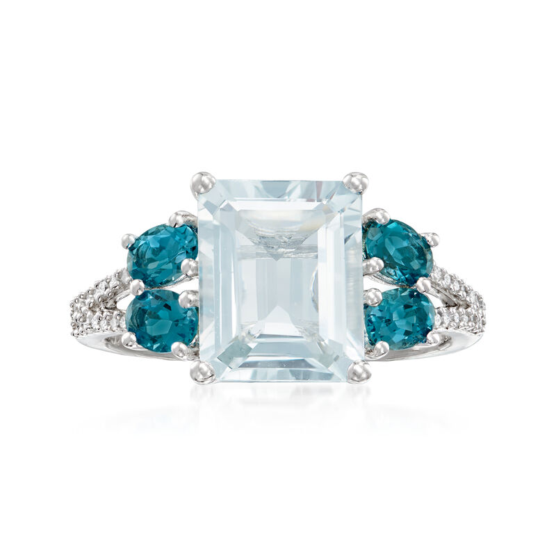 3.00 Carat Aquamarine, 1.00 ct. t.w. London Blue Topaz and .11 ct. t.w. Diamond Ring in Sterling Silver. Size 9 image number 0