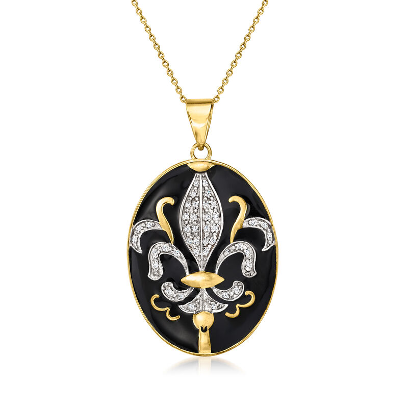 .20 ct. t.w. Diamond and Black Enamel Fleur-De-Lis Pendant Necklace in 18kt Gold Over Sterling. 18" image number 1
