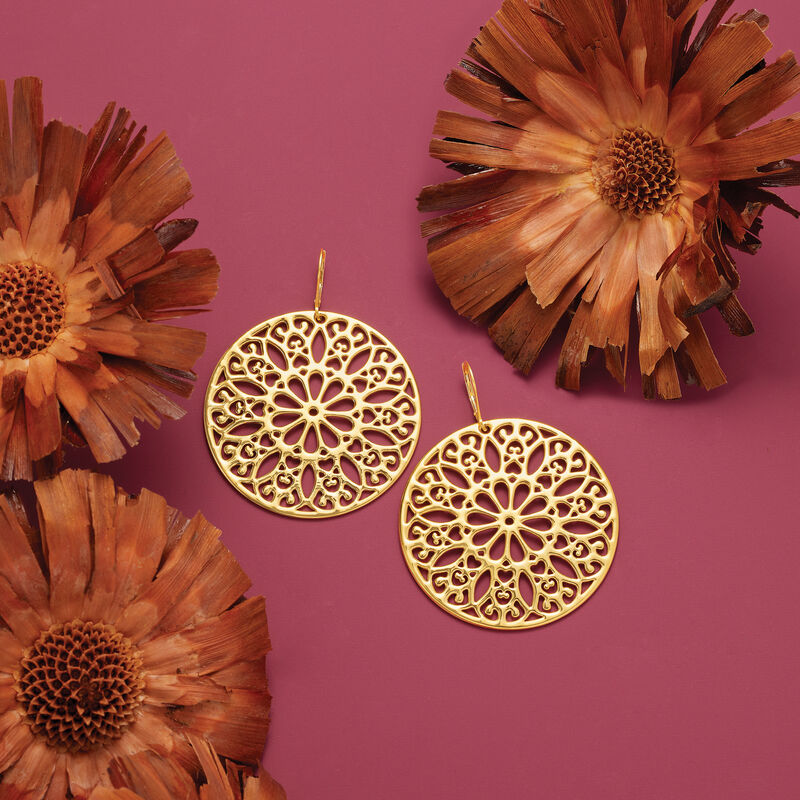 Italian Andiamo 14kt Yellow Gold Over Resin Floral Disc Drop Earrings  image number 3