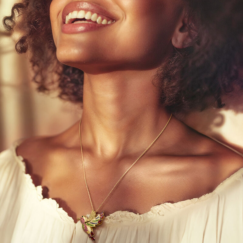 2.32 ct. t.w. Multi-Gemstone Hummingbird Pin/Pendant Necklace in 18kt Gold Over Sterling. 18&quot; image number 1