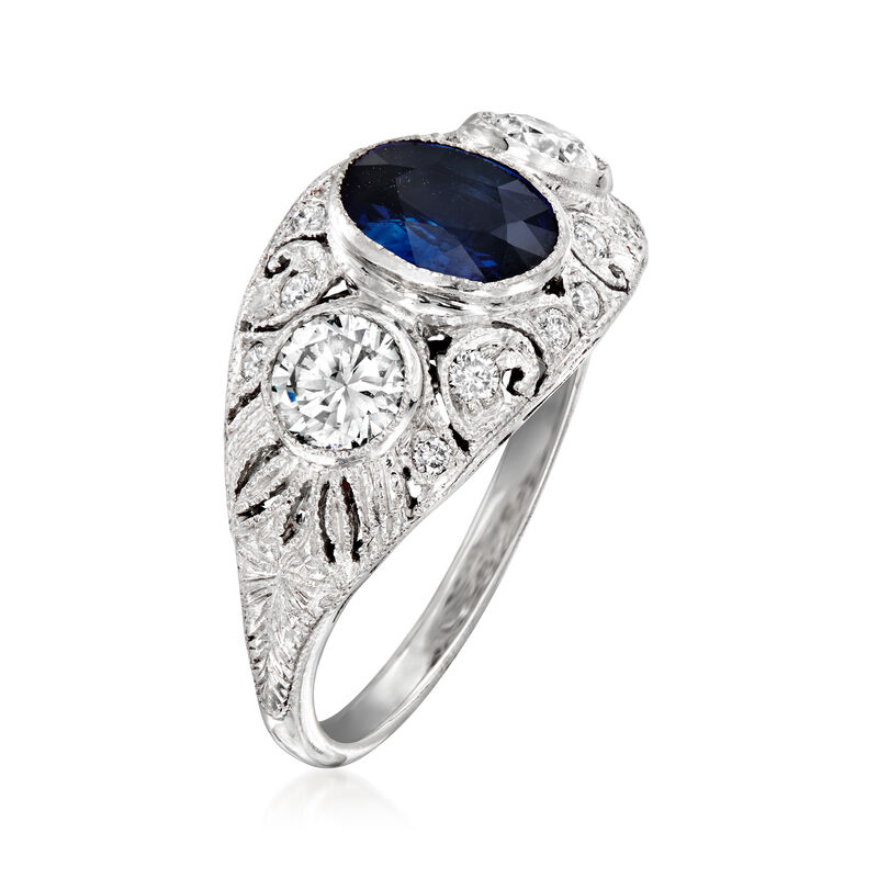 C. 1980 Vintage 1.28 Carat Sapphire Ring with .74 ct. t.w. Diamonds in 18kt White Gold image number 2