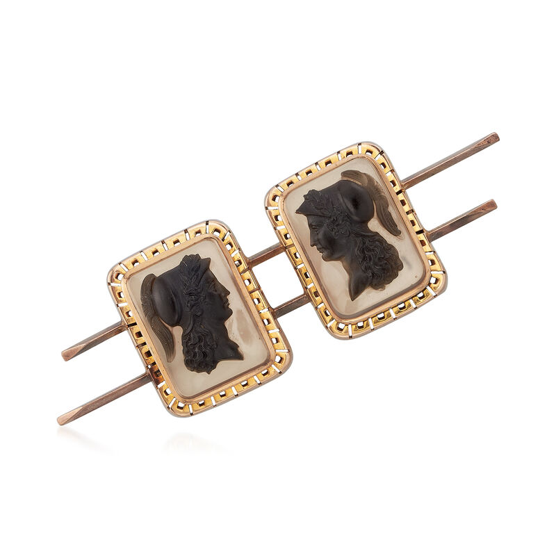 C. 1950 Vintage Black Agate Double Cameo Bar Pin in 14kt Yellow Gold image number 0
