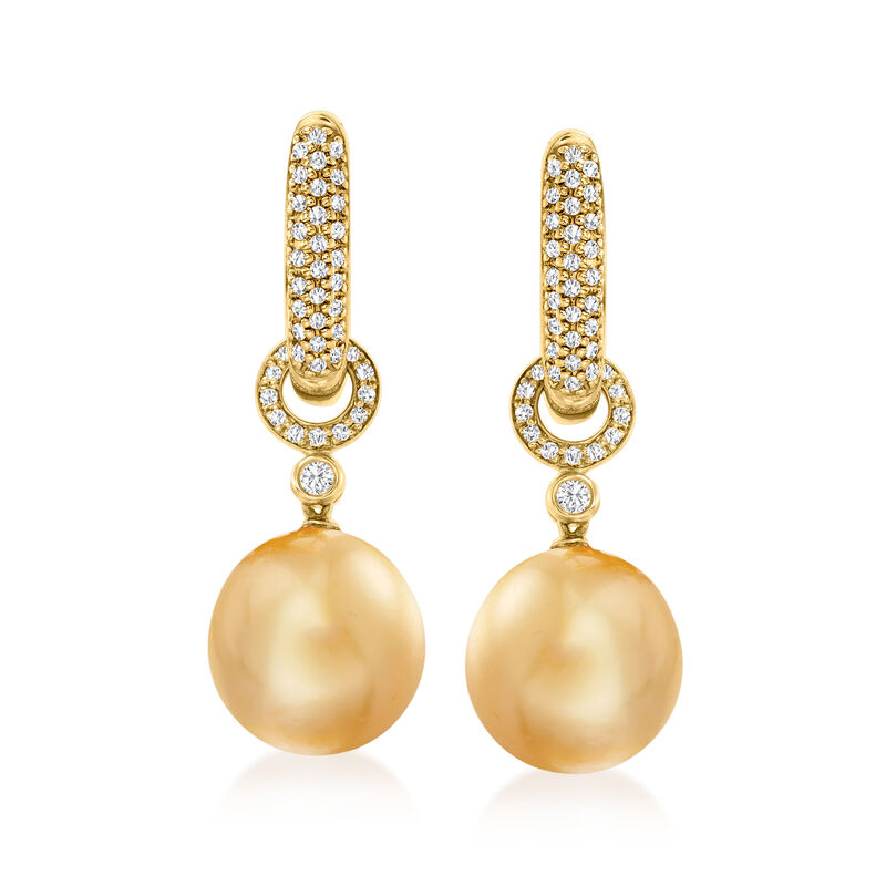 12-13mm Golden Cultured South Sea Pearl and .53 ct. t.w. Diamond Hoop Drop Earrings in 18kt Yellow Gold image number 0