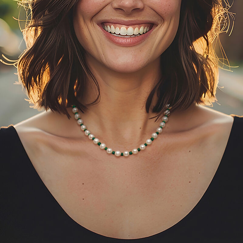 8-8.5mm Cultured Pearl and 13.00 ct. t.w. Emerald Bead Necklace with 14kt Yellow Gold image number 1