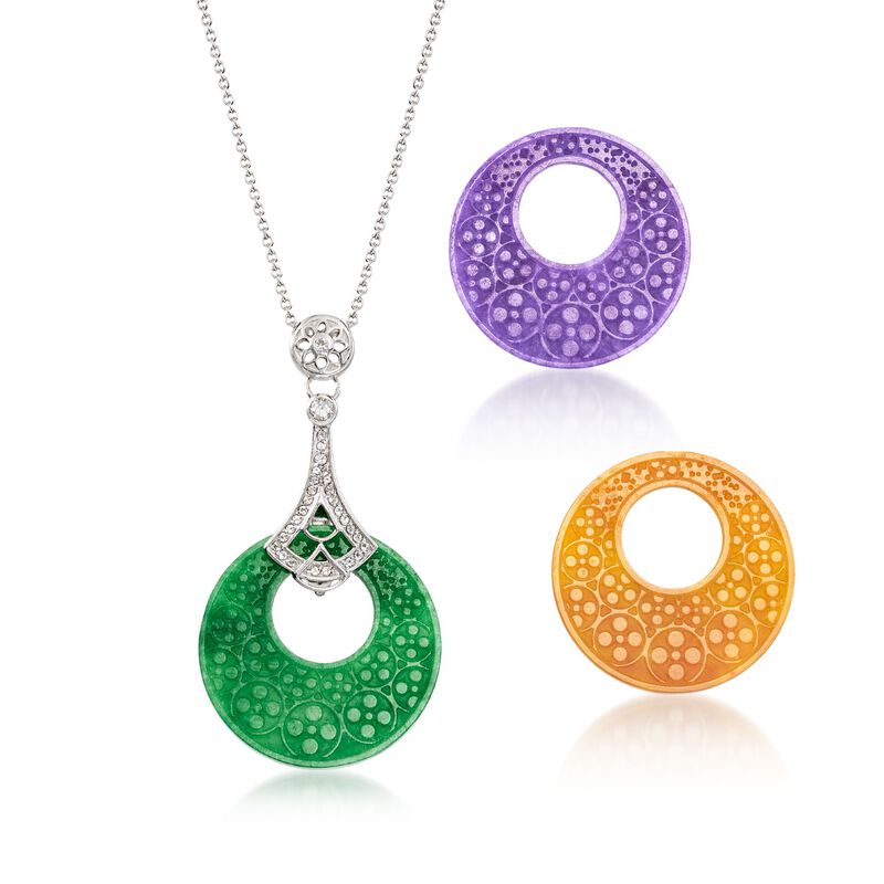 Multicolored Interchangeable Jade Disc Pendant Necklace with .30 ct. t.w. White Topaz in Sterling Silver. 18&quot; image number 1