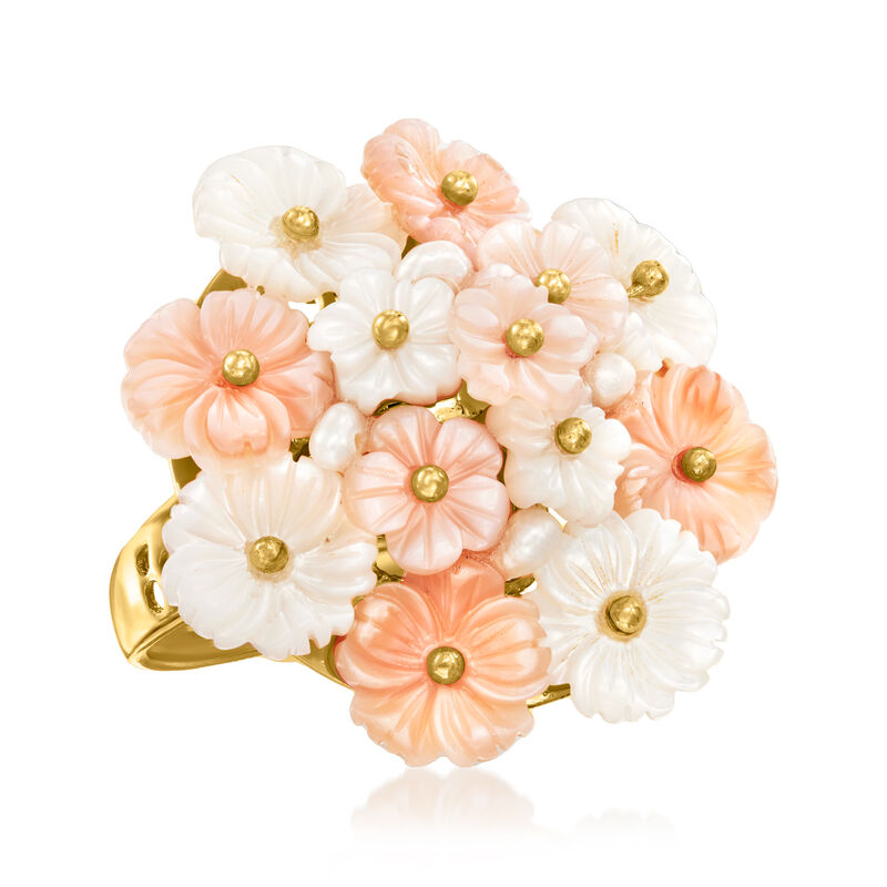 Italian Pink and White Mother-of-Pearl Flower Ring with Cultured Semi-Baroque Pearls in 18kt Gold Over Sterling image number 3