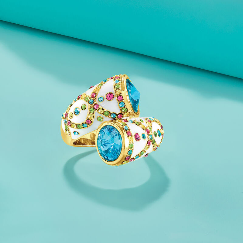 Multicolored Crystal and Blue Crystal Ring with White Enamel in 18kt Gold Over Sterling image number 4