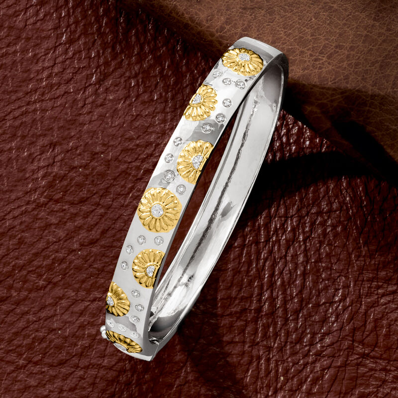 Diamond Sunflower Bangle Bracelet in Two-Tone Sterling Silver image number 3