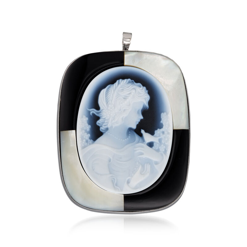 C. 1970 Vintage Blue Agate, Mother-Of-Pearl and Black Onyx Cameo Pin/Pendant in 18kt White Gold image number 0