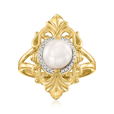7-7.5mm Cultured Pearl Ring with Diamonds in 18kt Gold Over Sterling