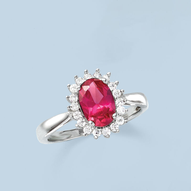 2.20 Carat Simulated Ruby and .20 ct. t.w. CZ Halo Ring in Sterling Silver image number 3