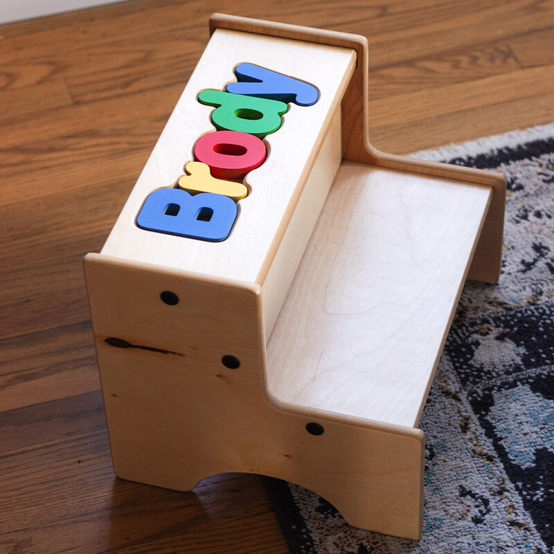 Child's Personalized Name Maple-Finished Two-Step Puzzle Stool - Primary Colors  image number 1