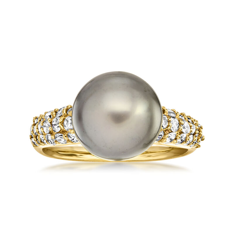 C. 1990 Vintage 10mm Black Cultured Pearl Ring with .40 ct. t.w. Diamonds in 18kt Yellow Gold. Size 5.25 image number 0