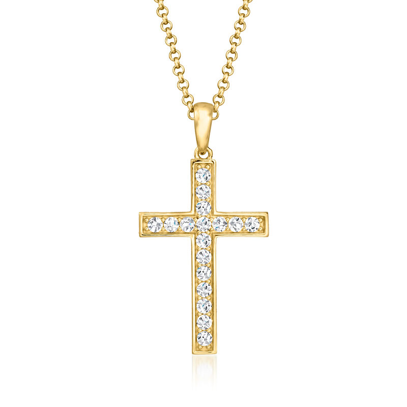 Charles Garnier &quot;Grace&quot; .50 ct. t.w. CZ Cross Pendant Necklace in 18kt Gold Over Sterling. 17&quot; image number 1