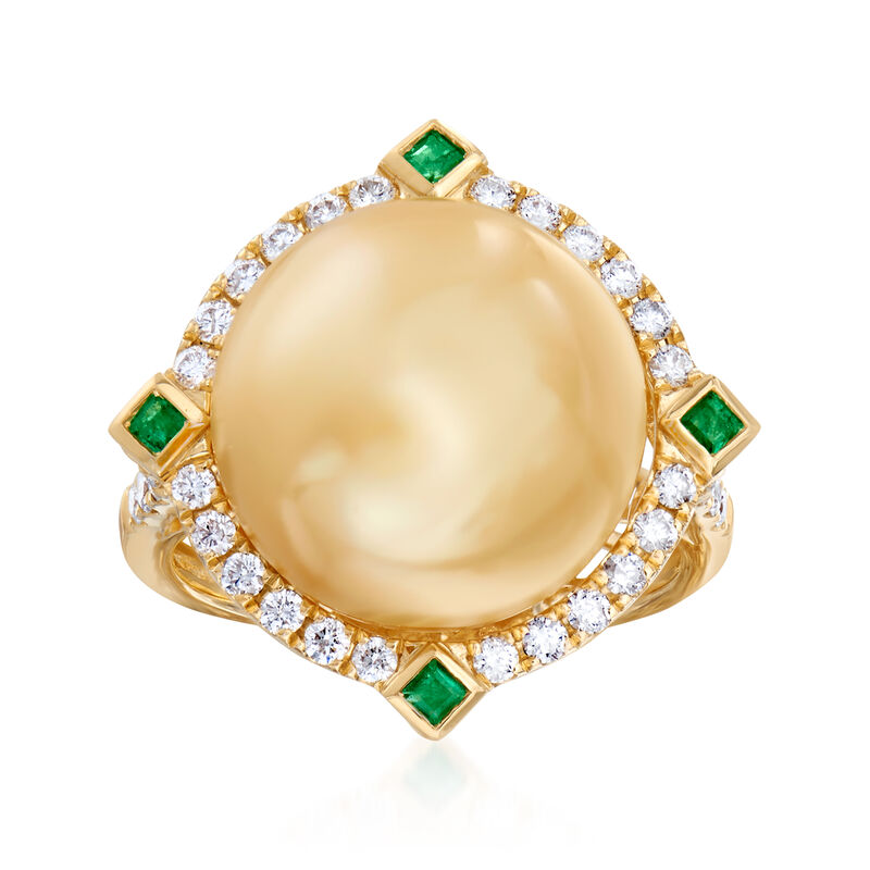 14-15mm Golden Cultured South Sea Pearl and .61 ct. t.w. Diamond Ring with .10 ct. t.w. Emeralds in 18kt Yellow Gold image number 0