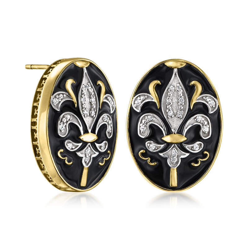 .16 ct. t.w. Diamond and Black Enamel Fleur-De-Lis Drop Earrings in 18kt Gold Over Sterling image number 2