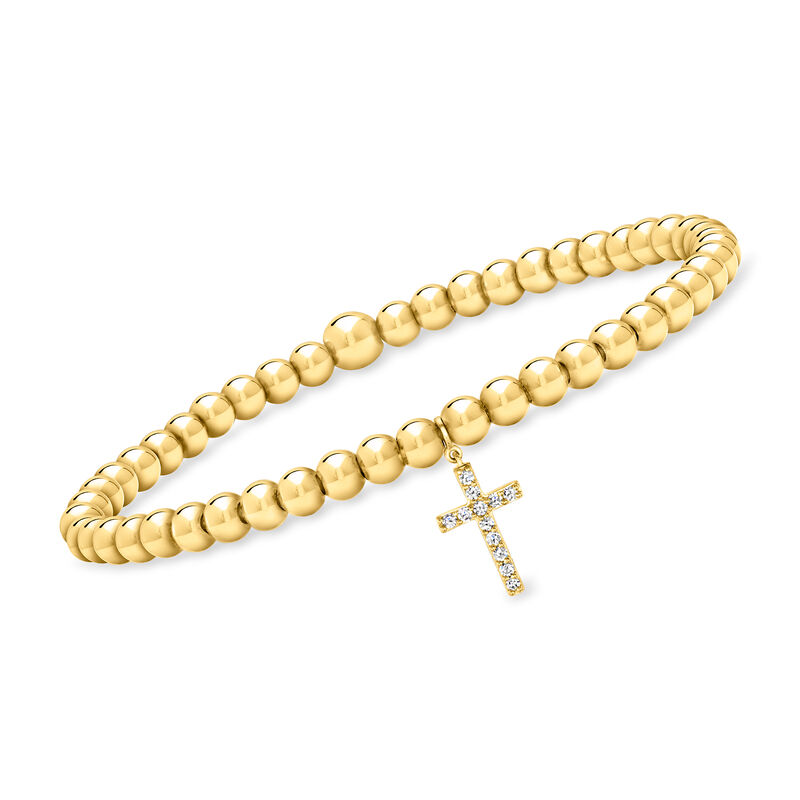 4mm 18kt Gold Vermeil Bead Stretch Bracelet with .10 ct. t.w. Lab-Grown Diamond Cross Charm. 8&quot; image number 0