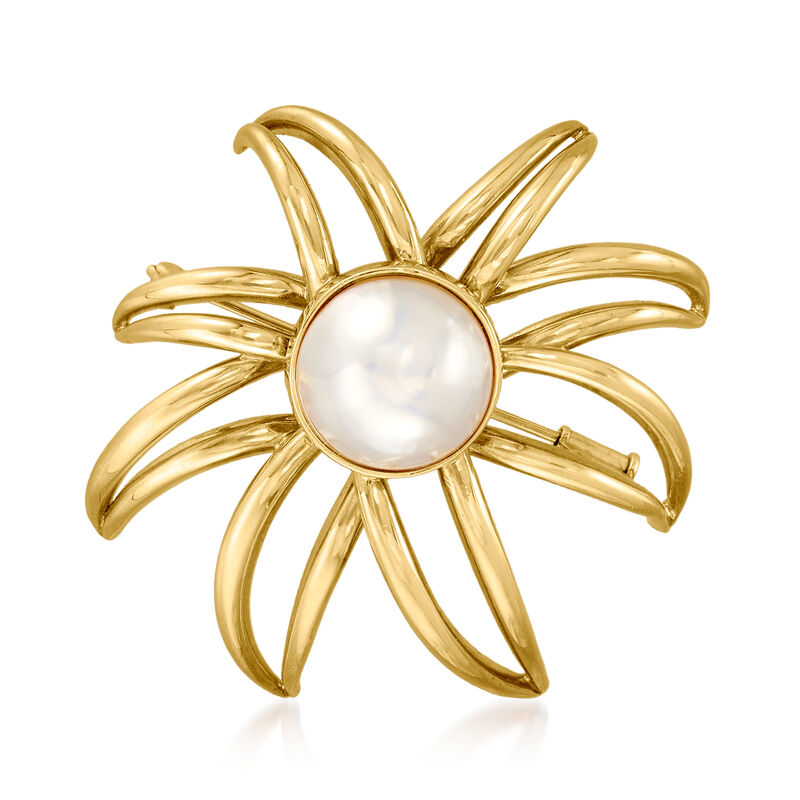 C. 1994 Vintage Tiffany Jewelry 13.5mm Cultured Mabe Pearl Open-Space Firework Pin in 18kt Yellow Gold image number 0