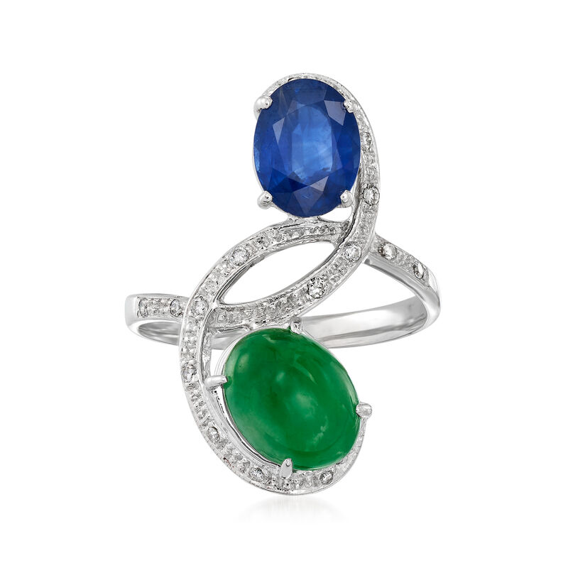 C. 1990 Vintage Jade, 1.53 Carat Sapphire and .12 ct. t.w. Diamond Bypass Ring in 18kt White Gold. Size 5.75 image number 0