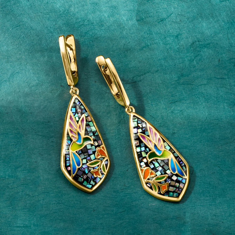 Multicolored Enamel and Abalone Shell Hummingbird Mosaic Drop Earrings in 18kt Gold Over Sterling  image number 3