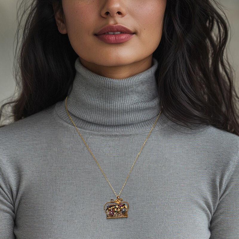 C. 1980 Vintage .48 ct. t.w. Multi-Gemstone Flower Basket Pendant Necklace with Diamonds in 18kt Yellow Gold. 18&quot; image number 1