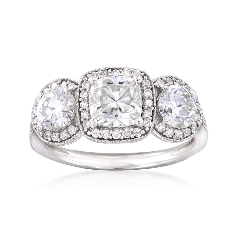 1.70 ct. t.w. Synthetic Moissanite Three-Stone Engagement Ring with .28 ct. t.w. Diamonds in 14kt White Gold image number 0