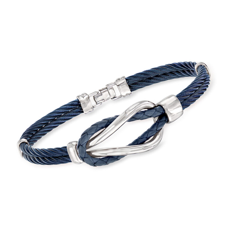 ALOR Men's Blue Leather and Stainless Steel Cable Knot Bracelet. 8&quot; image number 0