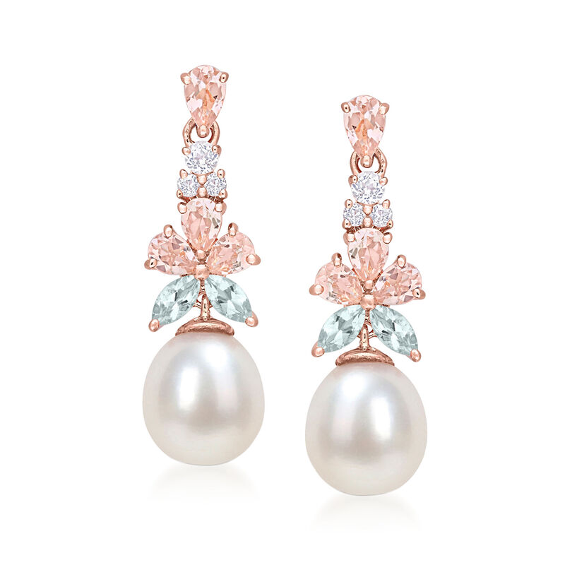 Cultured Pearl and 2.22 ct. t.w. Multi-Gemstone Drop Earrings in 18kt Rose Gold Over Sterling image number 0