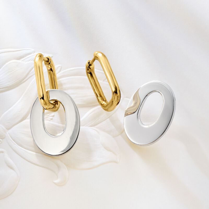 18kt Gold Over Sterling Hoop Earrings with Removable Oval Sterling Silver Drops  image number 3