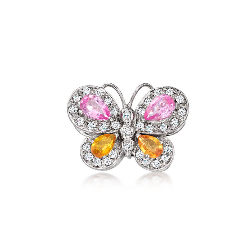 C. 2000 Vintage 1.40 ct. t.w. Pink and Orange Sapphire Butterfly Slide Pendant with .50 ct. t.w. Diamonds in 14kt White Gold  image number 0