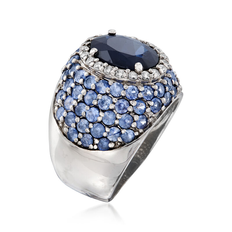 C. 1980 Vintage 6.25 ct. t.w. Sapphire and .30 ct. t.w. Diamond Dome Ring in 14kt White Gold. Size 6 image number 2