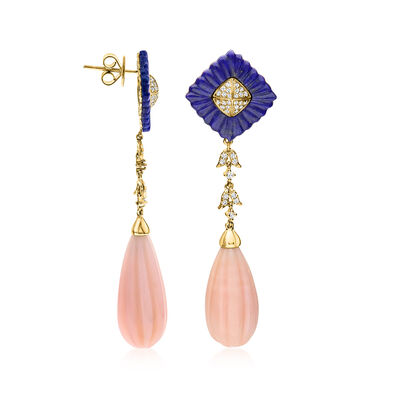 Pink Opal, Lapis and .36 ct. t.w. Diamond Drop Earrings in 14kt Yellow Gold