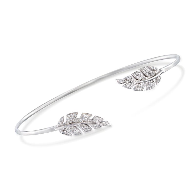 .43 ct. t.w. CZ Leaf Cuff Bracelet in Sterling Silver. 7.5&quot; image number 0