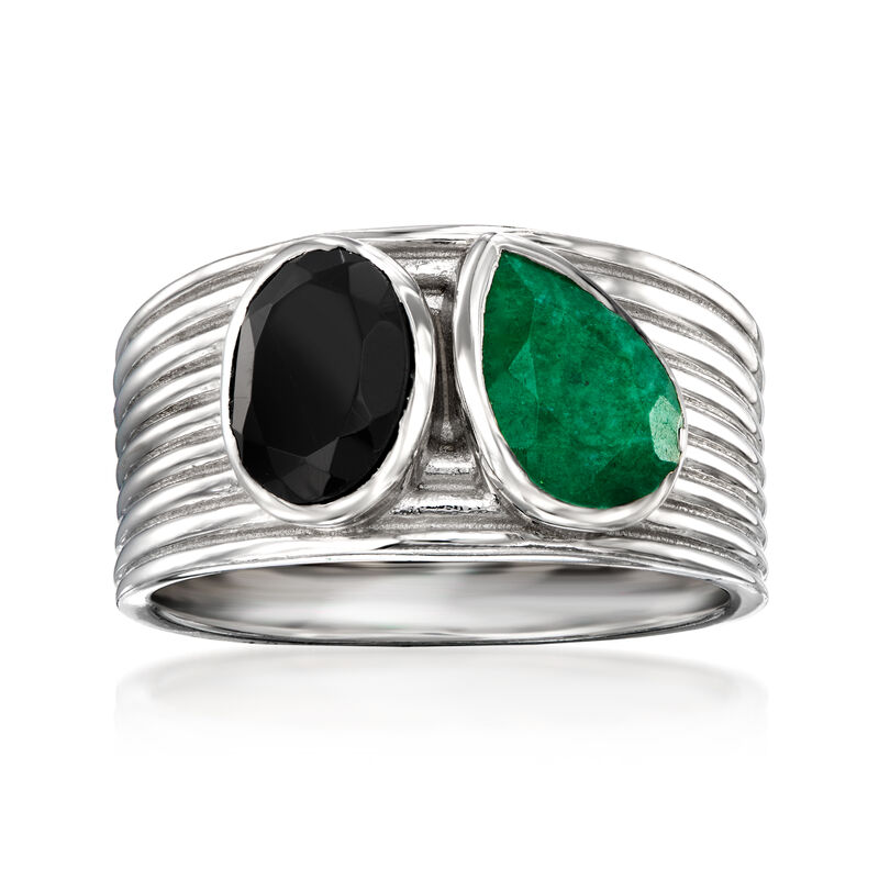 Onyx and 1.30 Carat Emerald Toi et Moi Ring in Sterling Silver image number 0