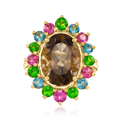 5.50 Carat Smoky Quartz and 2.50 ct. t.w. Multi-Gemstone Ring in 18kt Gold Over Sterling