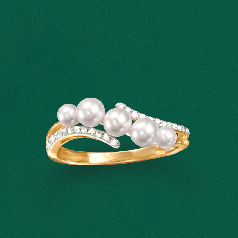 3-4mm Cultured Pearl and .10 ct. t.w. Diamond Wave Ring in 14kt Yellow Gold image number 4