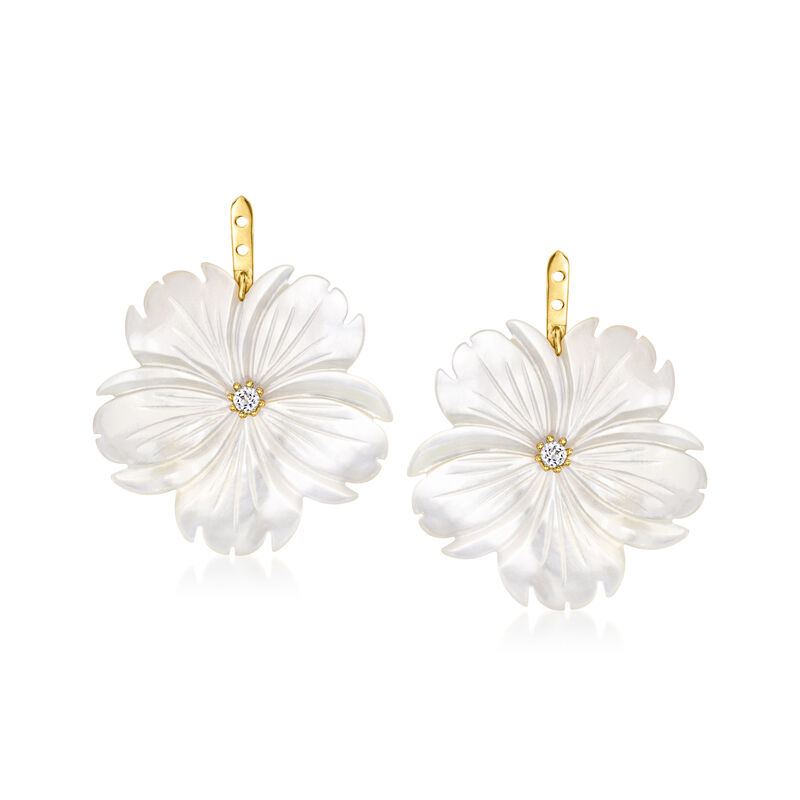Mother-of-Pearl and .20 ct. t.w. White Topaz Flower Removable Drop Earrings with 18kt Gold Over Sterling image number 4