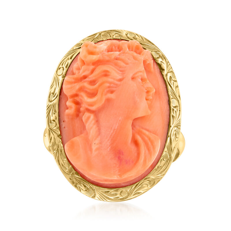 C. 1950 Vintage Coral Cameo Ring in 14kt Yellow Gold image number 0